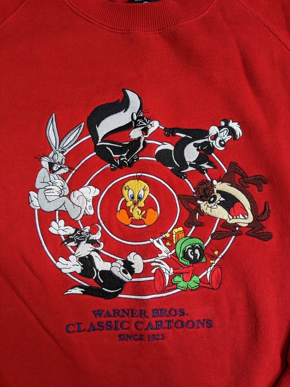VTG Warner Brothers Studio Store Looney Tunes Sweatshirt Fire Red XL